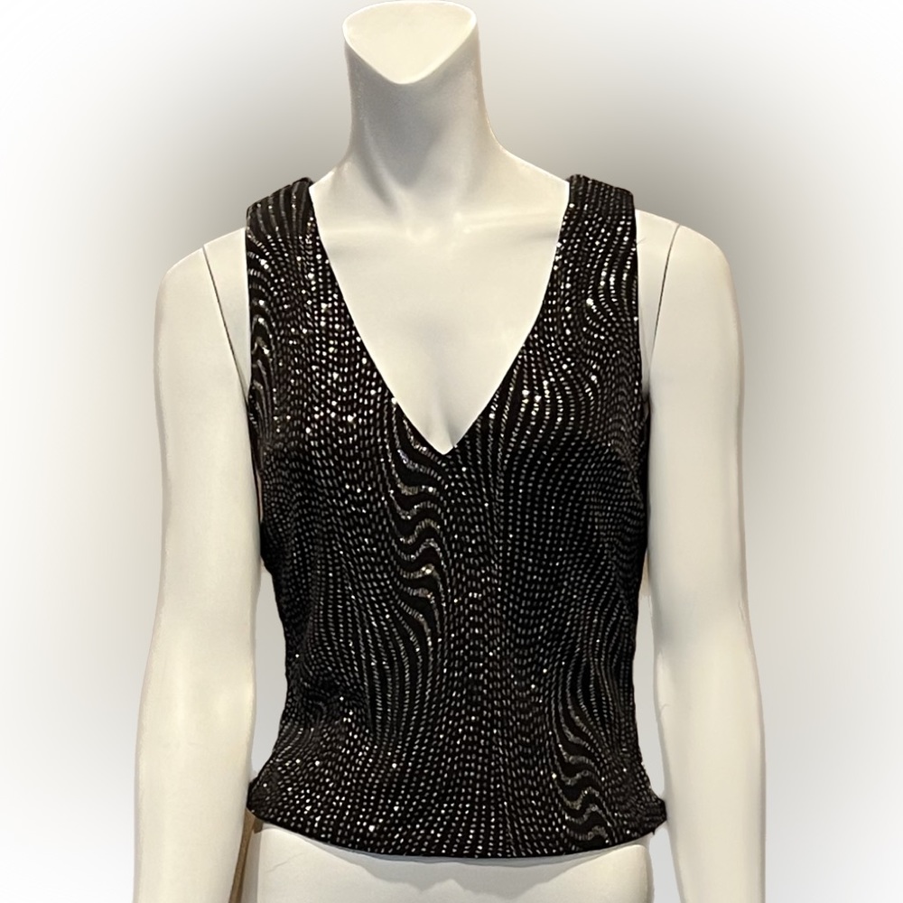 Jessica McClintock Sleeveless Black and Silver Glitter Sequin-Like Shirt Size S